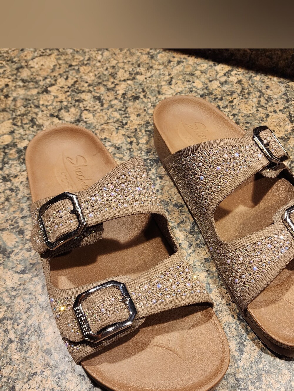 Skechers Women's ArchFit Double-Buckle Glitter Slide Sandals, Sz 9, Mocha